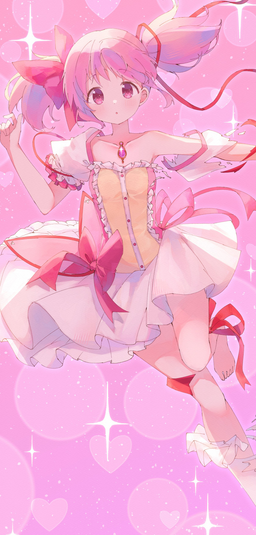 1girl :o absurdres bangs barefoot blush collarbone heart henshin highres kaname_madoka looking_at_viewer magical_girl mahou_shoujo_madoka_magica pink_background pink_eyes pink_hair puffy_sleeves ribbon ruru_(rurumagi) short_twintails solo soul_gem sparkle transformation twintails