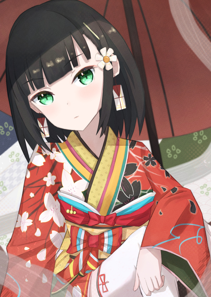 1girl absurdres aqua_bow aramedraw arm_on_knee bangs black_hair bow cherry_blossom_print closed_mouth commentary earrings floral_print flower foot_out_of_frame green_eyes hair_flower hair_ornament hairclip highres japanese_clothes jewelry kimono long_sleeves looking_at_viewer multicolored_background multicolored_bow multicolored_clothes multicolored_kimono multicolored_sash obi original print_kimono red_bow red_kimono red_ribbon red_umbrella ribbon sash short_hair solo thigh-highs umbrella white_bow white_flower white_thighhighs wide_sleeves yellow_sash
