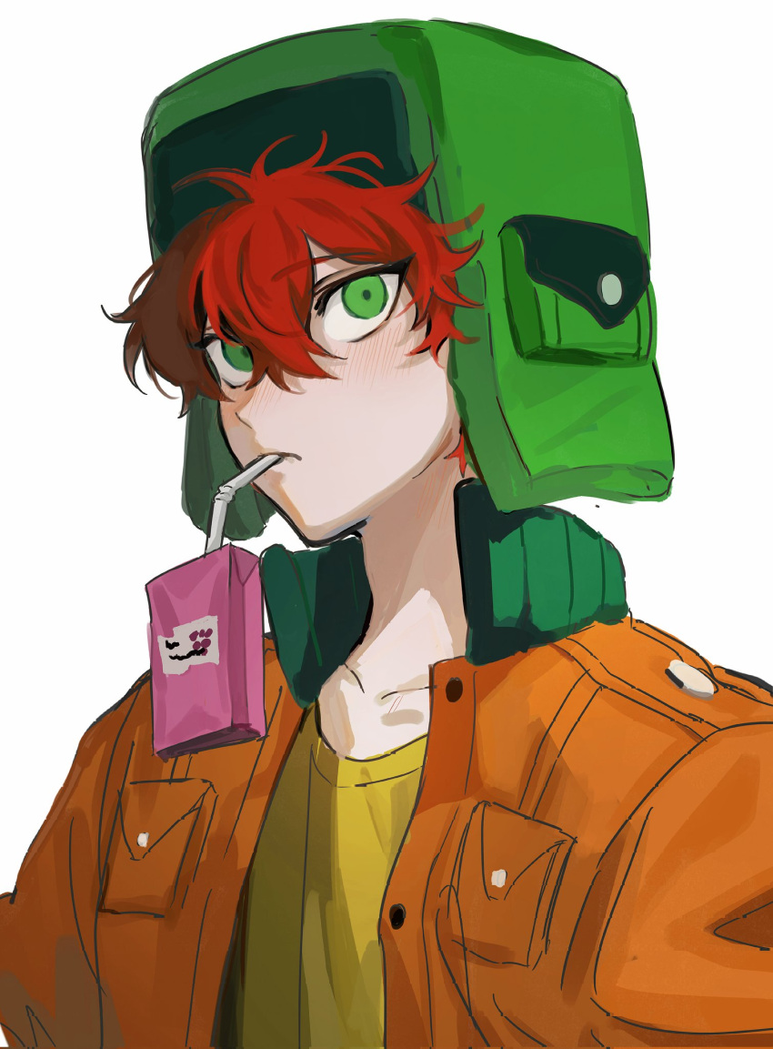 1boy animification cgvske1003 closed_mouth coat drinking_straw fur_hat green_eyes hair_between_eyes hat highres jacket juice_box kyle_broflovski male_child male_focus mouth_hold redhead short_hair simple_background solo south_park upper_body