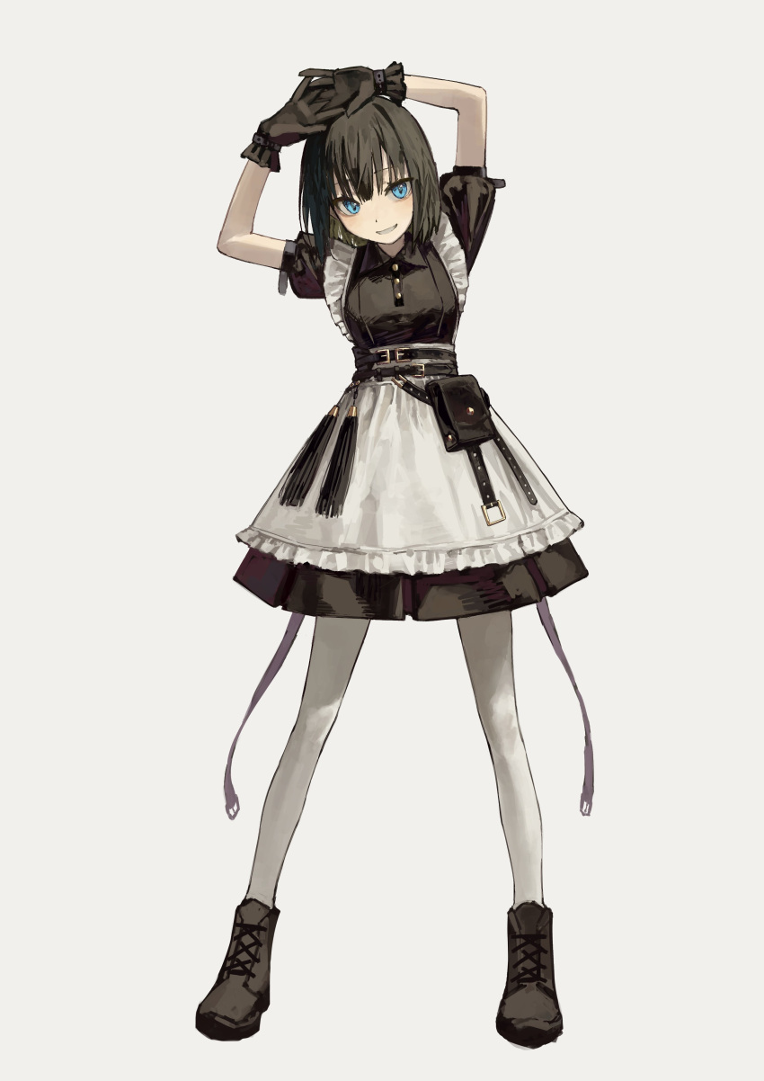 1girl absurdres apron arms_up bangs belt black_dress black_footwear black_gloves black_hair blue_eyes boots breasts collared_dress dress full_body gloves grey_background highres looking_at_viewer maid_apron open_mouth original pantyhose pouch puffy_short_sleeves puffy_sleeves short_hair short_sleeves simple_background small_breasts smile solo standing stretching white_pantyhose yoon_cook