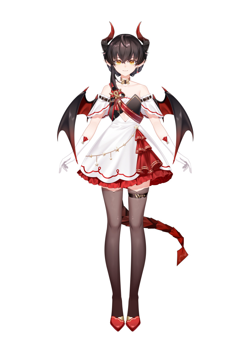 1girl absurdres award_ribbon bare_shoulders black_hair black_thighhighs choker dragon_girl dragon_horns dragon_tail dragon_wings dress earrings full_body gloves highres horns inferno_(vtuber) jewelry medium_hair nebula_beat off-shoulder_dress off_shoulder official_art pointy_ears red_dress red_footwear short_dress single_earring smile solo standing star_(symbol) star_earrings tail thigh-highs thighlet two-tone_dress virtual_youtuber white_background white_dress white_gloves wings yellow_choker yellow_eyes