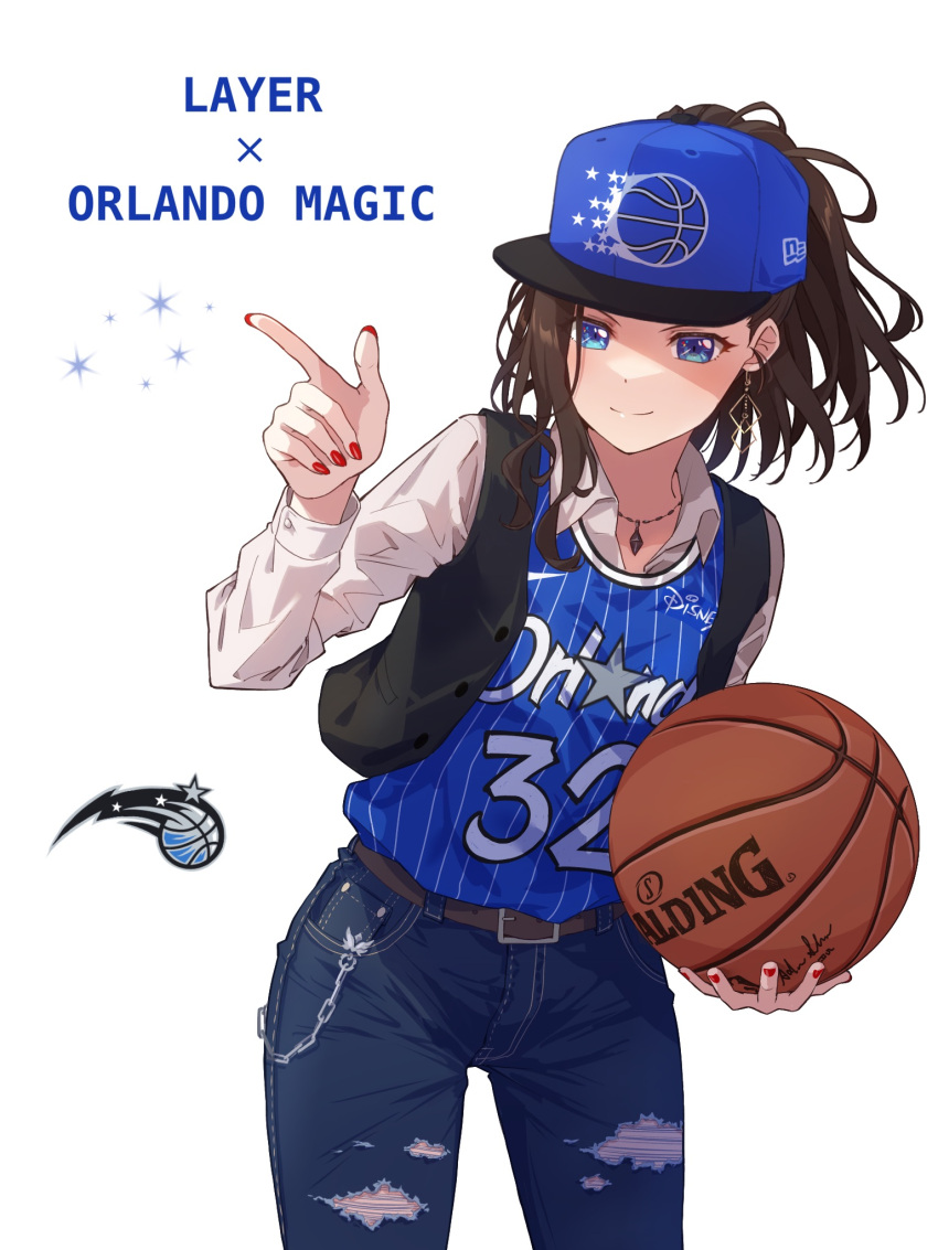 1girl ball bang_dream! baseball_cap basketball basketball_jersey belt black_vest blue_headwear blue_shirt brown_belt collared_shirt cosplay cowboy_shot denim earrings finger_gun hair_behind_ear hat highres holding holding_ball jeans jewelry leaning_to_the_side looking_at_viewer national_basketball_association necklace new_era orlando_magic pants ponytail red_nails shaquille_o'neal shaquille_o'neal_(cosplay) shirt smile solo vest wakana_rei white_background white_shirt yazawa_happyaro