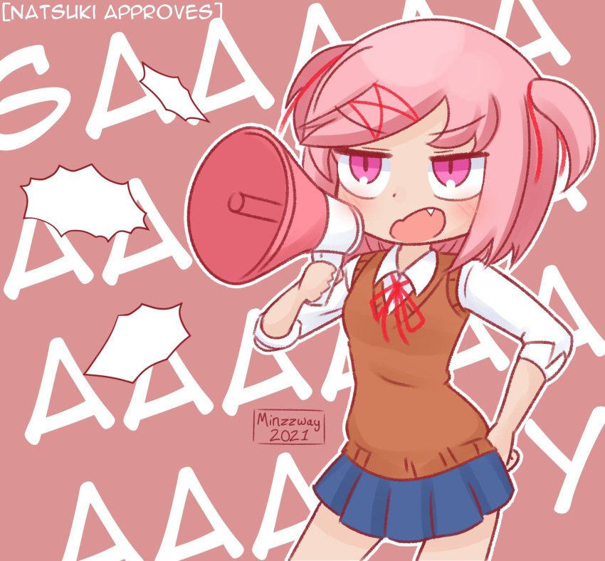 1girl artist_name bangs blue_skirt blush breasts brown_sweater_vest character_name chibi commentary cowboy_shot dated doki_doki_literature_club dress_shirt english_commentary english_text fang hair_ornament hair_ribbon hand_on_hip highres holding holding_megaphone jitome megaphone minzzway natsuki_(doki_doki_literature_club) neck_ribbon open_mouth parody pink_eyes pink_hair pleated_skirt red_ribbon ribbon school_uniform shirt short_hair shouting skirt small_breasts solo style_parody sweater_vest swept_bangs terada_tera_(style) two_side_up upturned_eyes v-shaped_eyebrows white_shirt x_hair_ornament