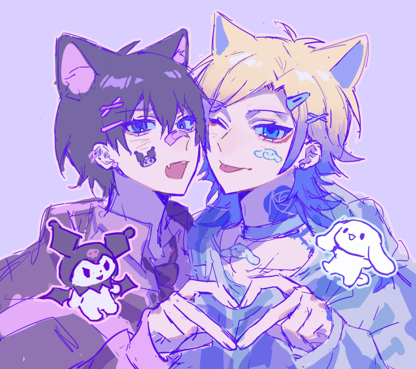 2boys alternate_costume animal_ears bandaid bandaid_on_face bandaid_on_nose black_hair blonde_hair blue_choker blue_eyes blue_hair blue_lock cat_ears character_sticker choker cinnamoroll closed_mouth ear_piercing earrings fangs flower_tattoo hair_between_eyes hair_ornament hairclip heart heart_hands heart_hands_duo highres isagi_yoichi jewelry kemonomimi_mode kuromi long_sleeves looking_at_viewer male_focus michael_kaiser multicolored_hair multiple_boys neck_tattoo one_eye_closed onegai_my_melody open_mouth piercing purple_background shirt short_hair simple_background sticker_on_face tattoo tongue tongue_out two-tone_hair upper_body x_hair_ornament xunan1004