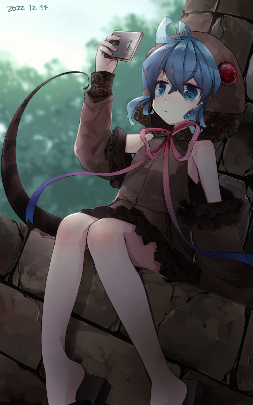1girl adapted_costume blue_eyes blue_hair bow bowtie brown_shirt cellphone commentary_request detached_sleeves geta highres hood hood_up kemono_friends lace_trim nanana_(nanana_iz) phone pink_bow pink_bowtie shirt short_hair sidelocks sitting smartphone snake_tail solo tail tsuchinoko_(kemono_friends)