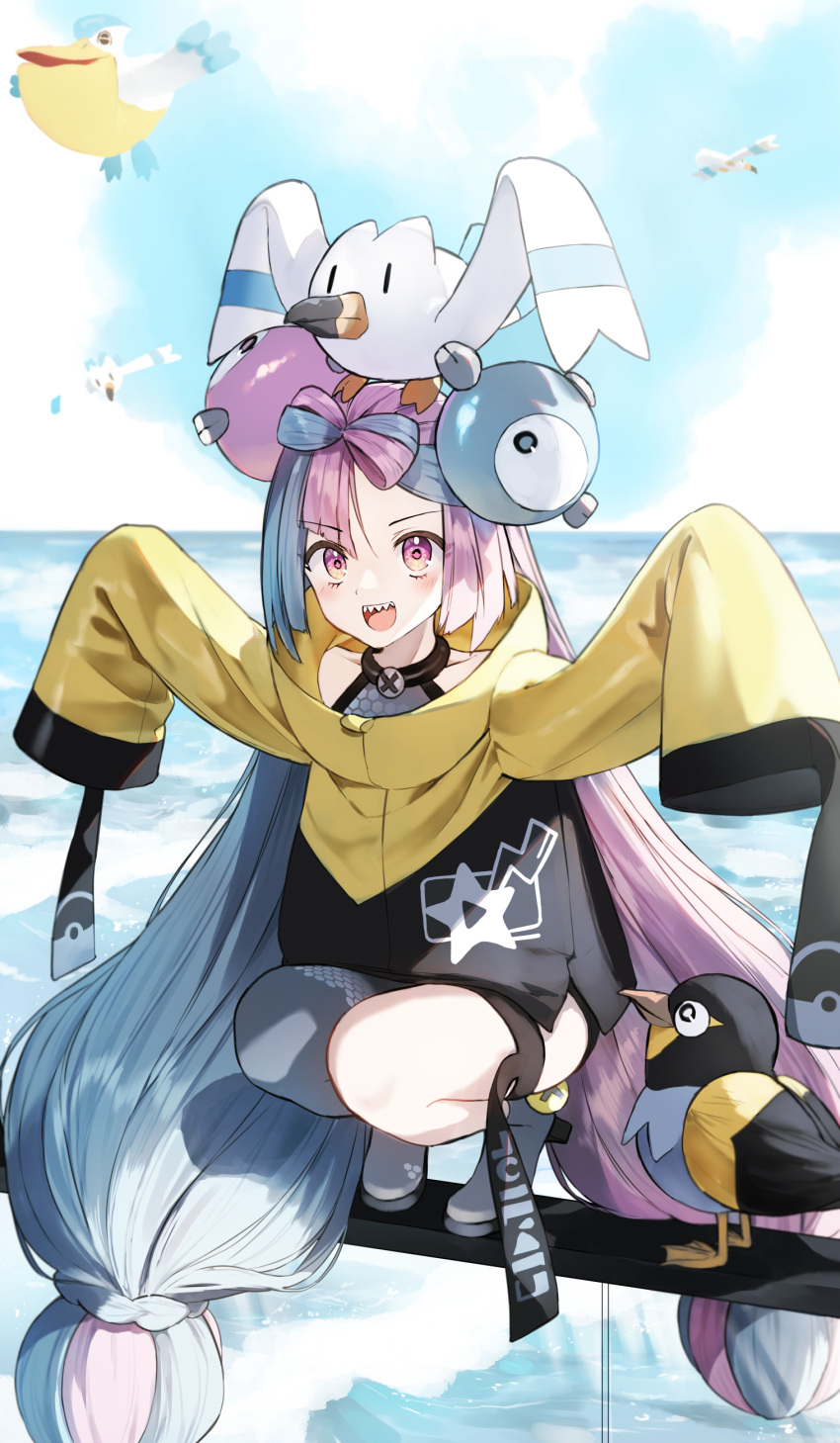 1girl :d absurdres asymmetrical_bangs bangs bird blue_hair bow-shaped_hair commentary_request day full_body grey_pantyhose high_heels highres imitating iono_(pokemon) jacket light_blue_hair long_hair looking_at_viewer low-tied_long_hair multicolored_hair on_head open_mouth outdoors outstretched_arms oversized_clothes pantyhose pelipper pentagon_(railgun_ky1206) pink_eyes pink_hair pokemon pokemon_(creature) pokemon_(game) pokemon_on_head pokemon_sv sharp_teeth single_leg_pantyhose sleeves_past_fingers sleeves_past_wrists smile split-color_hair spread_arms squatting star_(symbol) teeth two-tone_hair very_long_hair very_long_sleeves water wattrel wide_sleeves wingull yellow_jacket