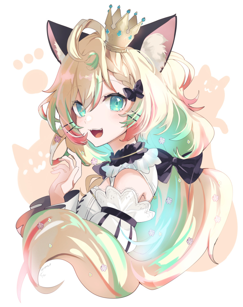 1girl ahoge animal_ear_fluff animal_ears aqua_eyes black_bow blonde_hair bow braid breasts cat_ears colored_inner_hair crown detached_sleeves dress english_commentary green_hair hair_between_eyes hair_bow highres kgr long_hair looking_at_viewer millie_parfait multicolored_hair nijisanji nijisanji_en official_alternate_costume open_hand open_mouth small_breasts smile solo streaked_hair very_long_hair virtual_youtuber white_dress