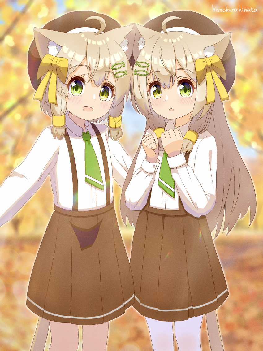 2girls absurdres ahoge animal_ear_fluff animal_ears artist_name autumn autumn_leaves bangs beret blurry blurry_background blush bow brown_hair brown_headwear brown_skirt cat_ears cat_girl cat_tail clenched_hands collared_shirt commentary_request day fish_hair_ornament flat_chest green_eyes green_necktie hair_bow hair_ornament hairclip hands_up happy hat hazakura_hinata heterochromia highres long_hair long_sleeves looking_at_viewer miniskirt multiple_girls necktie open_mouth orange_background original outdoors pantyhose pleated_skirt school_uniform shiny shiny_hair shirt shirt_tucked_in siblings sidelocks signature sisters skirt smile standing suspender_skirt suspenders tail tree twins white_pantyhose white_shirt yellow_bow yellow_eyes