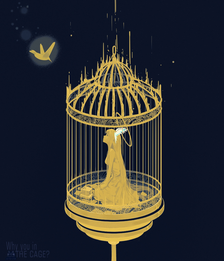 1girl angel artist_name bird birdcage blue_background book book_stack cage dark_background dated dress glowing head_wings highres hummingbird kneeling liliyfox long_hair looking_at_animal monochrome original simple_background solo spot_color wide_shot