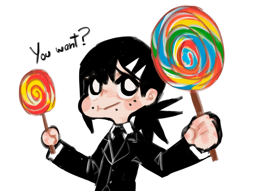 1girl bangs black_hair black_jacket black_necktie black_pants candy chainsaw_man collared_shirt food formal gurumo_(twitter) higashiyama_kobeni highres holding holding_candy holding_food holding_lollipop jacket lollipop looking_at_viewer medium_hair mole mole_under_eye mole_under_mouth necktie pants shirt shirt_tucked_in short_ponytail simple_background single_sidelock smile solo suit suit_jacket swept_bangs swirl_lollipop white_background white_shirt