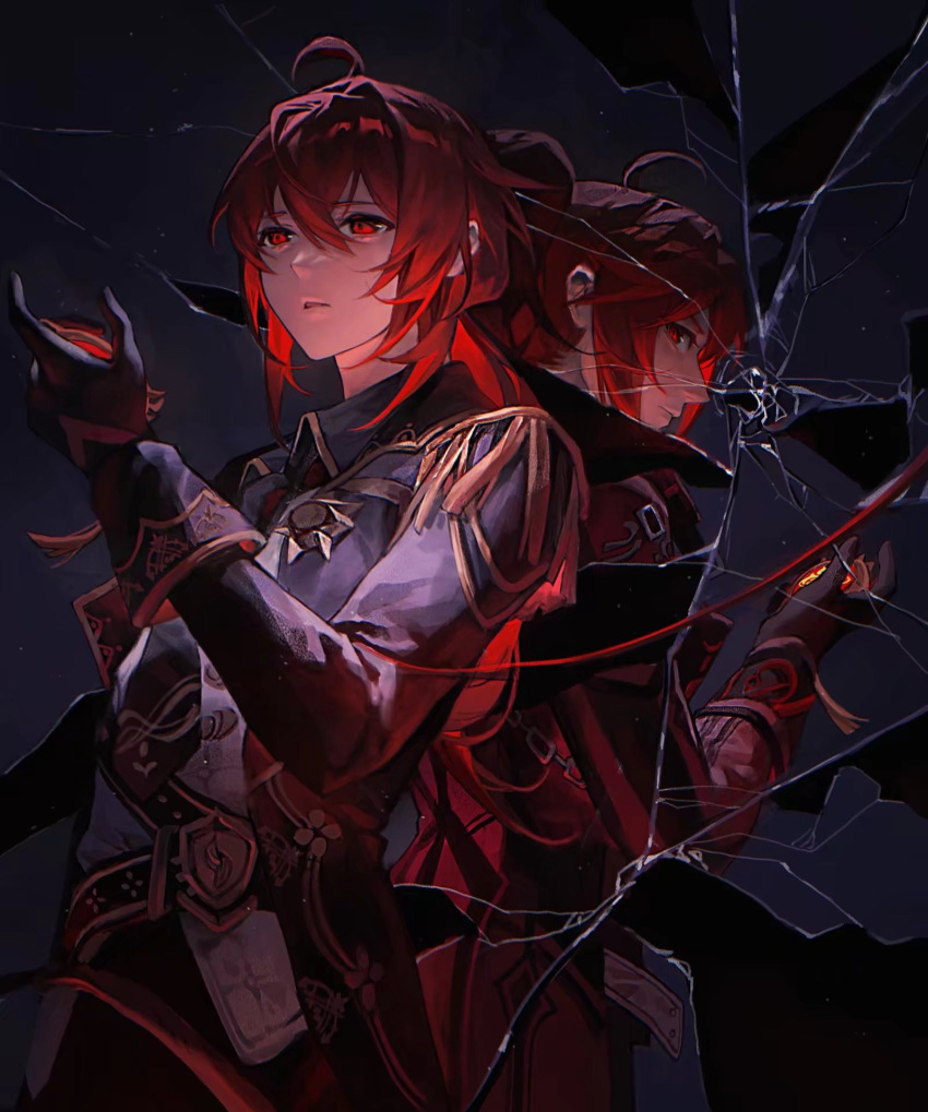 2boys back-to-back black_coat black_gloves black_necktie coat diluc_(genshin_impact) genshin_impact gloves highres holding long_hair long_sleeves looking_back male_focus multiple_boys necktie open_clothes open_coat ponytail red_eyes redhead rollrollzz shattered shiny shiny_hair