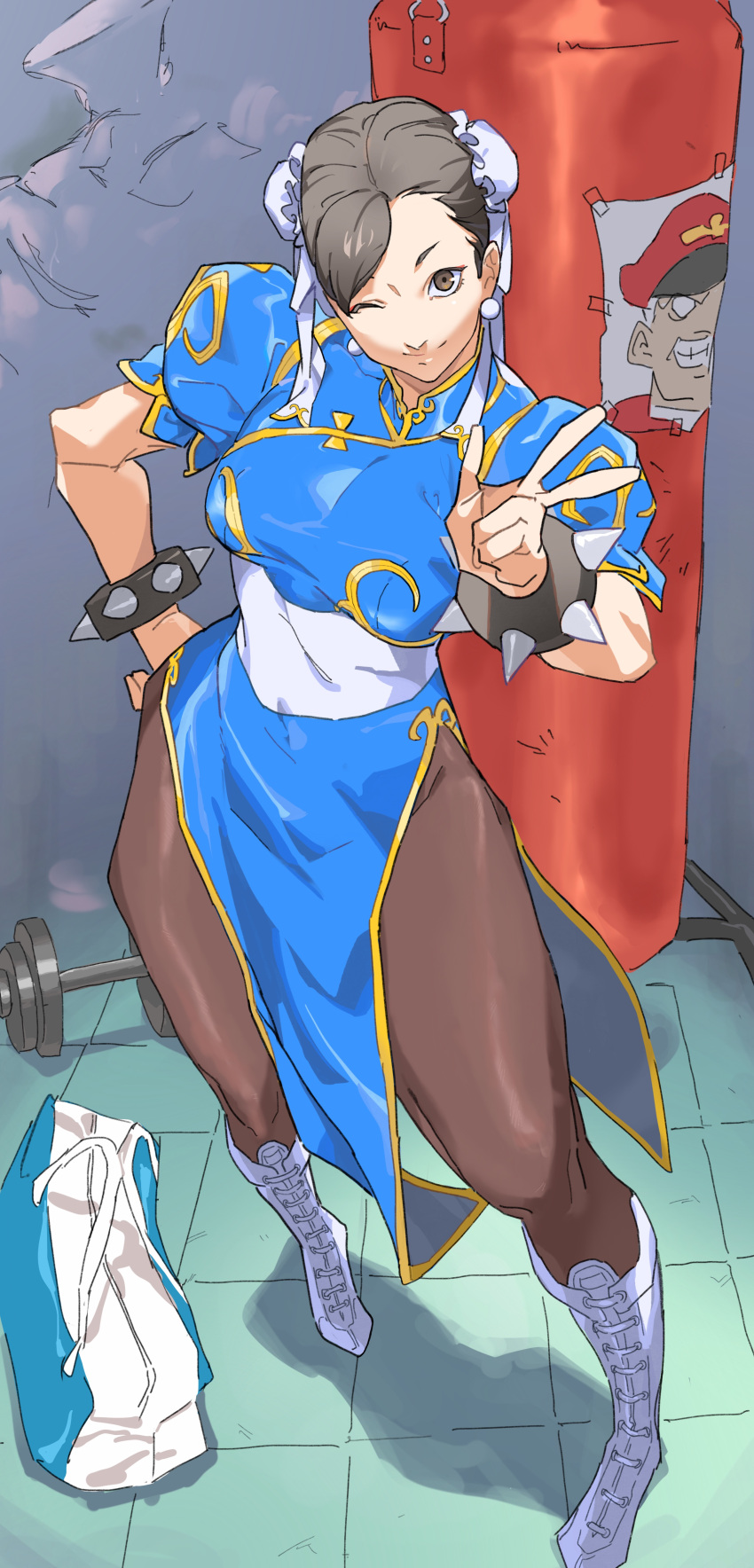 1girl absurdres bag blue_dress boots bracelet breasts brown_eyes brown_hair brown_pantyhose bun_cover china_dress chinese_clothes chun-li cross-laced_footwear double_bun dress earrings gym hair_bun hair_pulled_back highres jewelry looking_at_viewer m_bison medium_breasts one_eye_closed pantyhose pelvic_curtain poster_(object) pretty-purin720 puffy_short_sleeves puffy_sleeves punching_bag sash short_sleeves shoulder_bag solo spiked_bracelet spikes street_fighter street_fighter_ii_(series) v weights white_footwear
