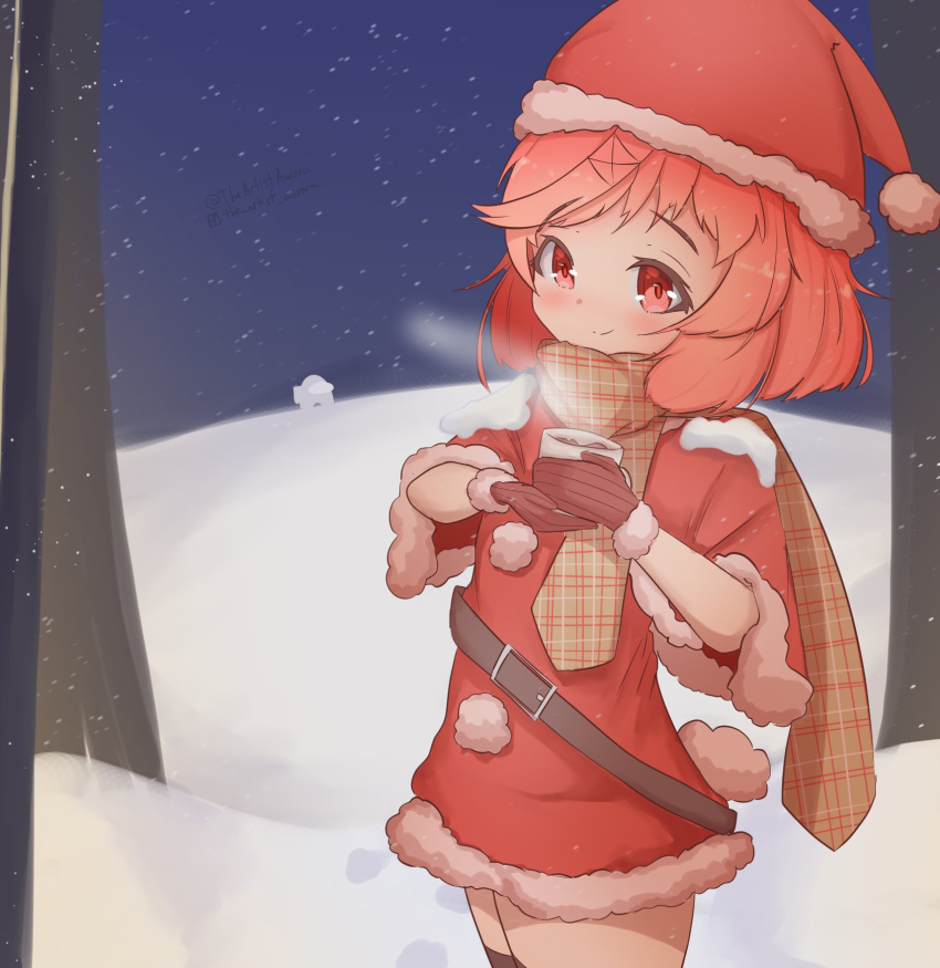 1girl among_us artist_name bangs belt belt_buckle black_thighhighs blush bob_cut brown_belt brown_gloves brown_scarf buckle capelet closed_mouth coffee_mug commentary cowboy_shot crewmate_(among_us) cup doki_doki_literature_club dress drink english_commentary fur-trimmed_dress fur-trimmed_gloves fur-trimmed_headwear fur_trim gloves hair_ornament hat highres holding holding_cup holding_drink hot_chocolate instagram_logo instagram_username light_smile looking_at_viewer mug natsuki_(doki_doki_literature_club) night pink_hair plaid plaid_scarf pom_pom_(clothes) rabbit_tail raised_eyebrows red_capelet red_dress red_eyes red_headwear ribbed_gloves santa_costume santa_hat scarf short_dress short_hair smile snow snow_on_body snowing solo standing steam swept_bangs tail the_artist_aurora thigh-highs tree twitter_username winter x_hair_ornament