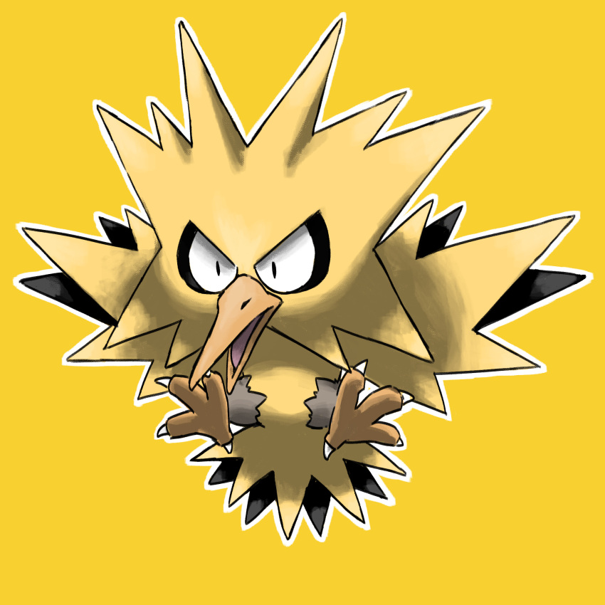 animal_focus bird black_eyes blacknirrow chibi claws commentary constricted_pupils english_commentary full_body highres no_humans open_mouth outline pokemon pokemon_(creature) solo tongue white_outline yellow_background yellow_theme zapdos