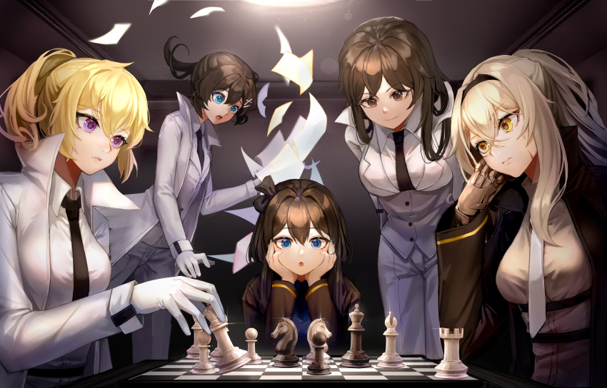 5girls absurdres bishop_(chess) blue_eyes board_game brown_eyes chess chess_piece fan_zhongli_cangshu flying_paper formal gloves head_rest highres hod_(project_moon) holding_chess_piece knight_(chess) library_of_ruina looking_at_another mechanical_arms multiple_girls open_mouth original paper pawn_(chess) project_moon rook_(chess) serious single_mechanical_arm suit surprised violet_eyes white_suit yellow_eyes