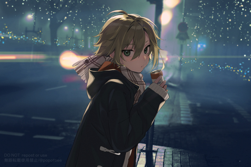 1boy blonde_hair blush can canned_coffee coffee commentary drink english_text green_eyes hair_between_eyes holding holding_can holding_drink long_sleeves looking_at_viewer night nijisanji nose_blush potti-p road scarf short_hair sleeves_past_wrists utility_pole uzuki_kou virtual_youtuber winter_clothes
