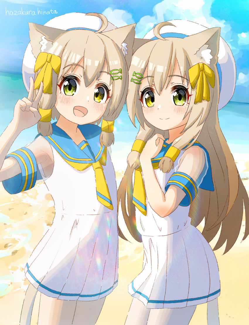 2girls absurdres ahoge animal_ear_fluff animal_ears artist_name bangs beach blue_sailor_collar blue_sky blush bow brown_hair cat_ears cat_girl cat_tail closed_mouth clouds commentary_request cowboy_shot day dress dutch_angle fish_hair_ornament flat_chest green_eyes hair_bow hair_ornament hairclip hand_on_own_chest hand_up happy hat hazakura_hinata heterochromia highres horizon long_hair looking_at_viewer multiple_girls neckerchief ocean open_mouth original outdoors pantyhose pleated_dress sailor_collar sailor_hat sand school_uniform see-through see-through_sleeves serafuku shiny shiny_hair short_dress short_hair short_sleeves siblings sidelocks signature sisters sky smile split_mouth standing tail twins v water white_dress white_headwear white_pantyhose yellow_bow yellow_eyes yellow_neckerchief