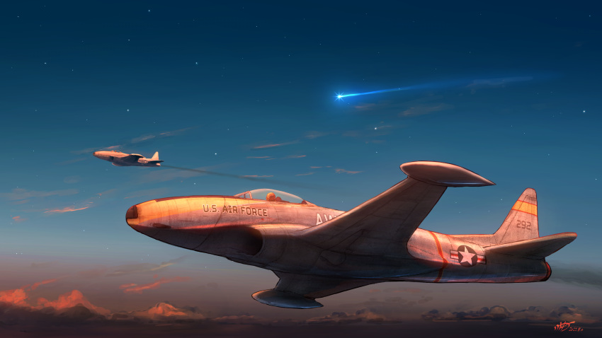 aircraft airplane aoi_waffle canopy_(aircraft) clouds dated fighter_jet flying highres jet military military_vehicle name_connection no_humans object_namesake p-80_shooting_star shooting_star signature sky sunset vehicle_focus war_thunder