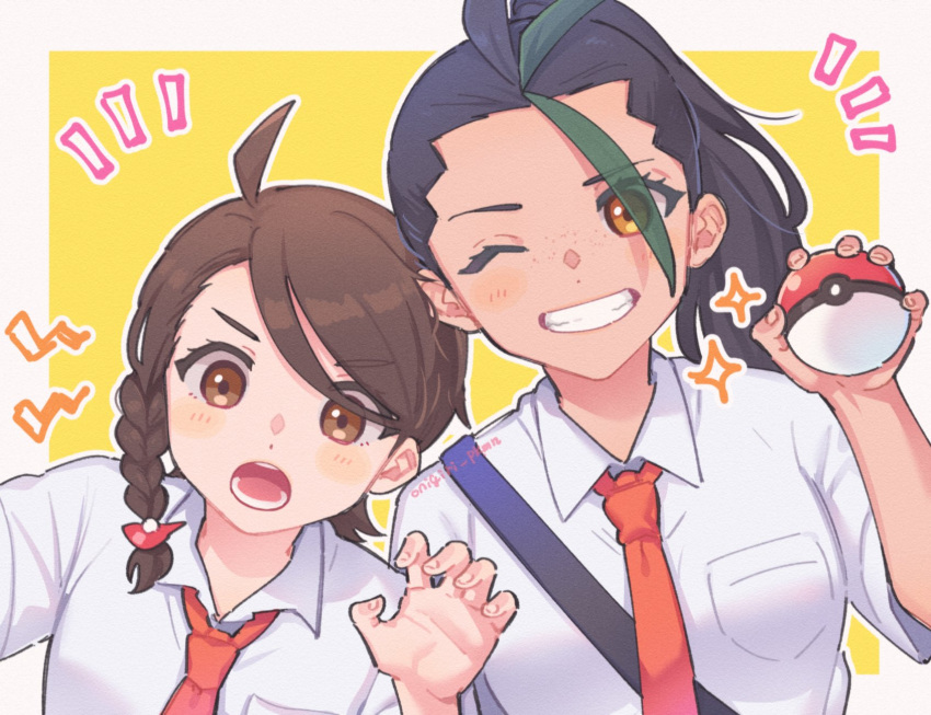 2girls ahoge black_hair blush braid brown_eyes brown_hair claw_pose commentary_request eyelashes freckles green_hair grin hand_up highres holding holding_poke_ball juliana_(pokemon) meshi_(onigiri_pkmn) multicolored_hair multiple_girls necktie nemona_(pokemon) notice_lines one_eye_closed open_mouth orange_necktie poke_ball poke_ball_(basic) pokemon pokemon_(game) pokemon_sv ponytail school_uniform shirt smile streaked_hair teeth tongue two-tone_hair upper_body white_shirt