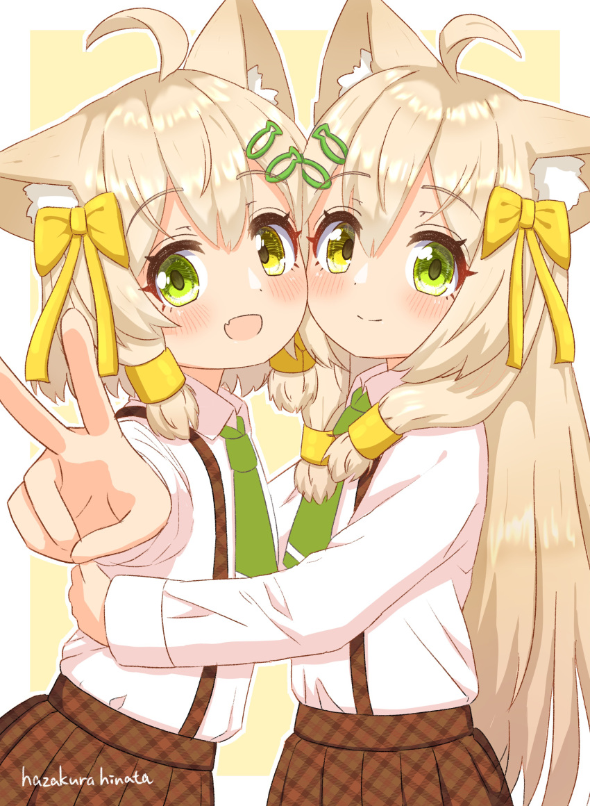 2girls absurdres ahoge animal_ear_fluff animal_ears arm_up bangs blonde_hair blush border bow brown_skirt cat_ears cat_girl cheek-to-cheek closed_mouth collared_shirt commentary_request fang fish_hair_ornament flat_chest from_side green_eyes green_necktie hair_bow hair_ornament hairclip happy hazakura_hinata heads_together heterochromia highres hug long_hair long_sleeves looking_at_viewer multiple_girls necktie open_mouth original outline outside_border outstretched_arm plaid plaid_skirt pleated_skirt school_uniform shiny shiny_hair shirt shirt_tucked_in short_hair siblings sidelocks simple_background sisters skin_fang skirt smile split_mouth standing suspender_skirt suspenders twins upper_body v white_border white_outline white_shirt yellow_background yellow_bow yellow_eyes