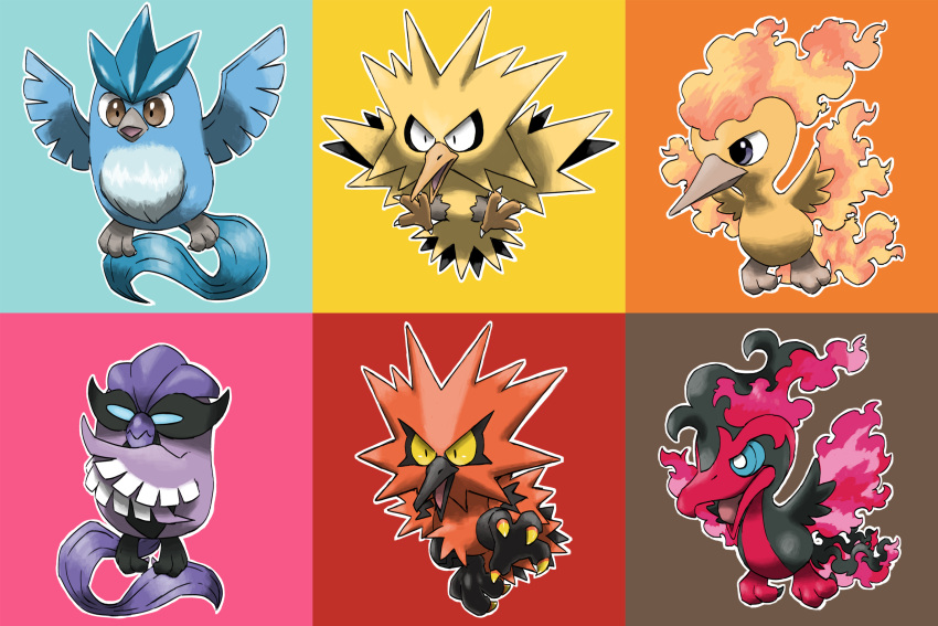 animal_focus articuno bird black_eyes black_hair blacknirrow blank_eyes blue_eyes blue_sclera bright_pupils brown_eyes chibi claws closed_mouth colored_sclera commentary constricted_pupils crossed_arms english_commentary fiery_hair fiery_wings full_body galarian_articuno galarian_moltres galarian_zapdos grey_eyes highres leg_up looking_to_the_side moltres multicolored_background multicolored_hair no_humans open_mouth outline pokemon pokemon_(creature) purple_hair redhead short_hair tongue two-tone_hair white_outline white_pupils wings yellow_sclera zapdos