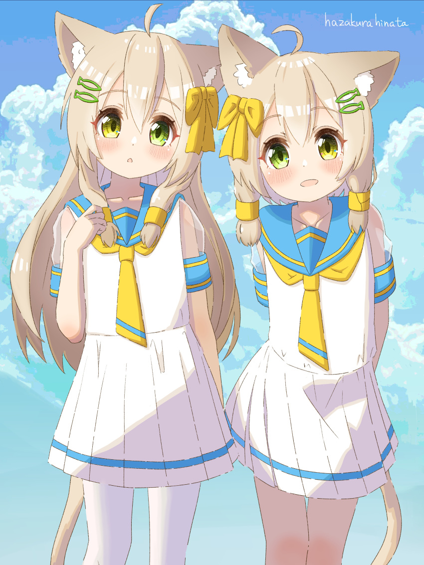 2girls absurdres ahoge animal_ear_fluff animal_ears arms_behind_back artist_name bangs blue_background blue_sailor_collar blue_sky blush bow brown_hair cat_ears cat_girl cat_tail clouds collarbone commentary_request day dress fish_hair_ornament flat_chest green_eyes hair_bow hair_ornament hairclip hand_on_own_chest hand_up happy hazakura_hinata head_tilt heterochromia highres long_hair looking_at_viewer multiple_girls neckerchief open_mouth original outdoors pantyhose pleated_dress sailor_collar school_uniform see-through see-through_sleeves serafuku shiny shiny_hair short_dress short_hair short_sleeves siblings sidelocks signature sisters sky smile standing straight-on tail twins white_dress white_pantyhose yellow_bow yellow_eyes yellow_neckerchief