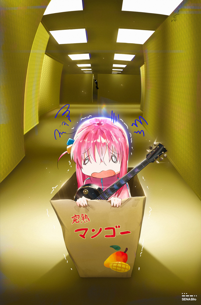 1girl backrooms_(creepypasta) bocchi_the_rock! box cardboard_box electric_guitar gotou_hitori guitar hair_between_eyes hair_ornament highres instrument jacket long_hair one_side_up open_mouth pink_hair pixiv_username sena_8ito solo_focus track_jacket trembling