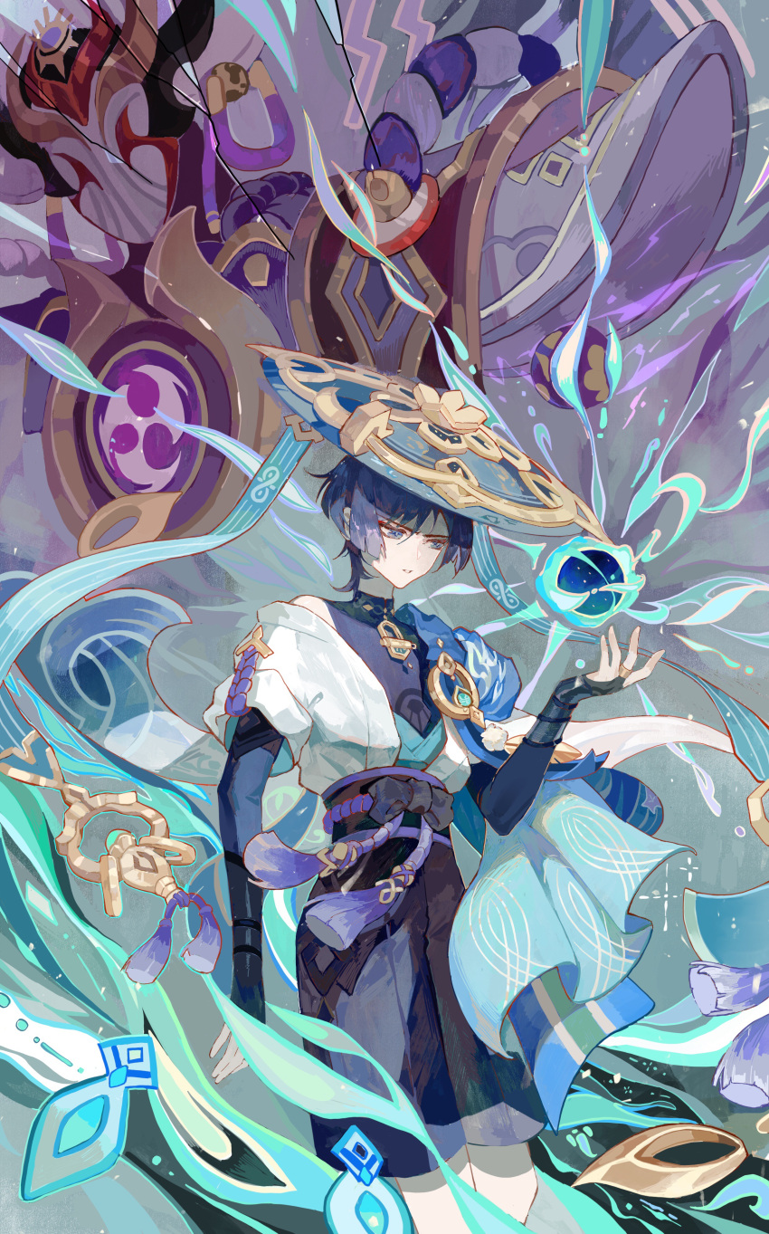1boy absurdres aqua_cape armor bangs black_shirt black_shorts blue_eyes blue_shirt bridal_gauntlets cape commentary_request creature dalujiadebianyuan feet_out_of_frame genshin_impact hand_up hat highres jingasa looking_at_hand magic male_focus mask mitsudomoe_(shape) obi open_clothes open_shirt parted_lips rope sash scaramouche_(genshin_impact) shirt short_hair shorts sleeveless sleeveless_shirt solo tassel tomoe_(symbol) vision_(genshin_impact) wanderer_(genshin_impact) white_shirt