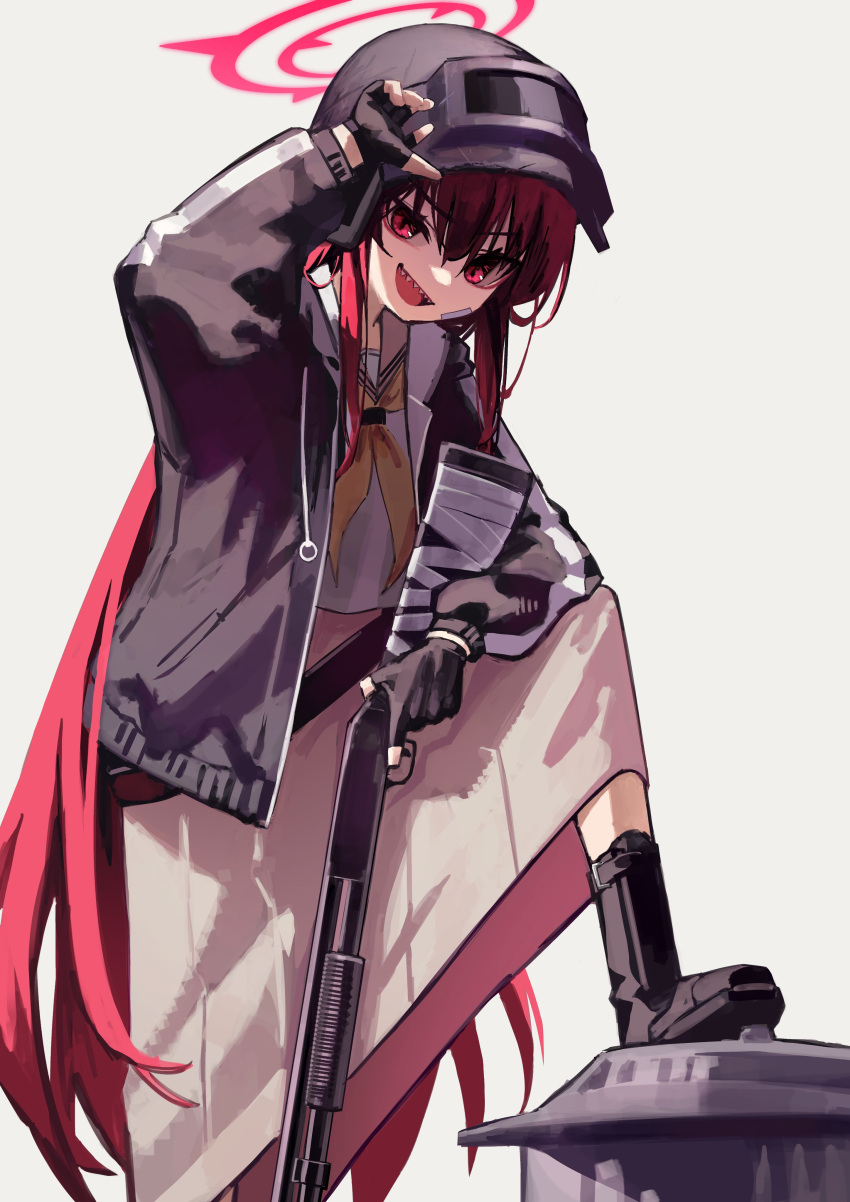 1girl absurdres bandaid bandaid_on_face bangs black_gloves black_jacket blue_archive fingerless_gloves gloves grey_background gun halo helmet highres holding holding_gun holding_weapon jacket long_hair long_sleeves looking_at_viewer neckerchief open_clothes open_jacket open_mouth rabu_(blue_archive) red_eyes redhead sailor sharp_teeth shirt shotgun simple_background skirt smile solo teeth trash_can very_long_hair visor_lift weapon white_shirt white_skirt yellow_neckerchief yoon_cook