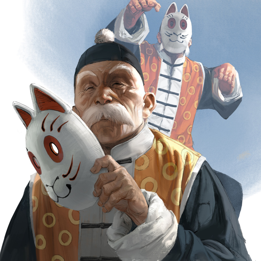 1boy animal_ears black_eyes black_headwear cat_ears cat_mask chinese_clothes close-up clouds cloudy_sky commentary day dougi dragon_ball dragon_ball_(classic) english_commentary facial_hair fake_animal_ears grandpa_gohan hat highres holding looking_at_viewer male_focus mask mask_on_head mustache outdoors sangsoo_jeong sky
