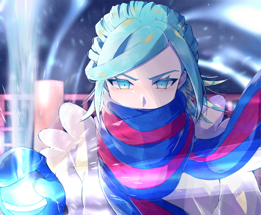 1boy androgynous blue_eyes blue_hair blue_mittens grusha_(pokemon) hand_up highres holding holding_tera_orb jacket kuruni_purikyua long_hair long_sleeves looking_at_viewer male_focus mittens pokemon pokemon_(game) pokemon_sv scarf scarf_over_mouth solo striped striped_scarf tera_orb yellow_jacket