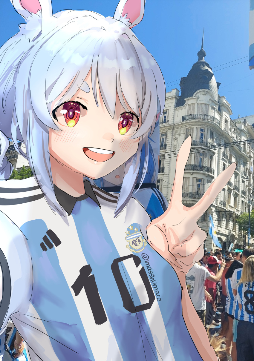 1girl 2022_fifa_world_cup absurdres animal_ears argentina bangs blue_hair blush braid breasts bunny-shaped_pupils extra highres hikimayu hololive masshumaro open_mouth parted_hair photo_background rabbit_ears rabbit_girl red_eyes shirt short_eyebrows sidelocks small_breasts smile solo_focus striped striped_shirt swept_bangs symbol-shaped_pupils thick_eyebrows twin_braids usada_pekora v world_cup