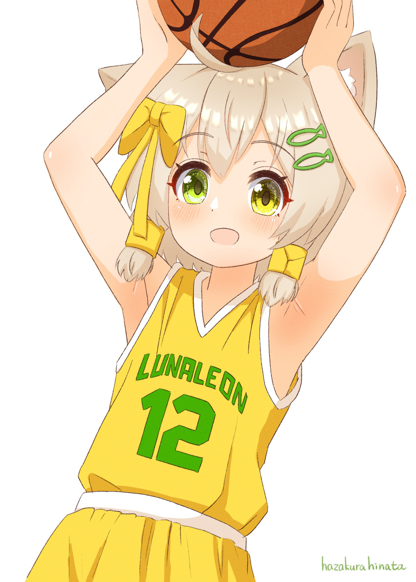 1girl absurdres ahoge armpits arms_up artist_name ball bangs bare_shoulders basketball basketball_uniform blonde_hair blush bow clothes_writing commentary_request crop_top dutch_angle fish_hair_ornament flat_chest green_eyes hair_bow hair_ornament hairclip happy hazakura_hinata heterochromia highres holding holding_ball looking_at_viewer open_mouth original shiny shiny_hair shirt shirt_tucked_in short_hair shorts sidelocks signature simple_background sleeveless sleeveless_shirt smile solo sportswear standing upper_body white_background yellow_bow yellow_eyes yellow_shirt yellow_shorts