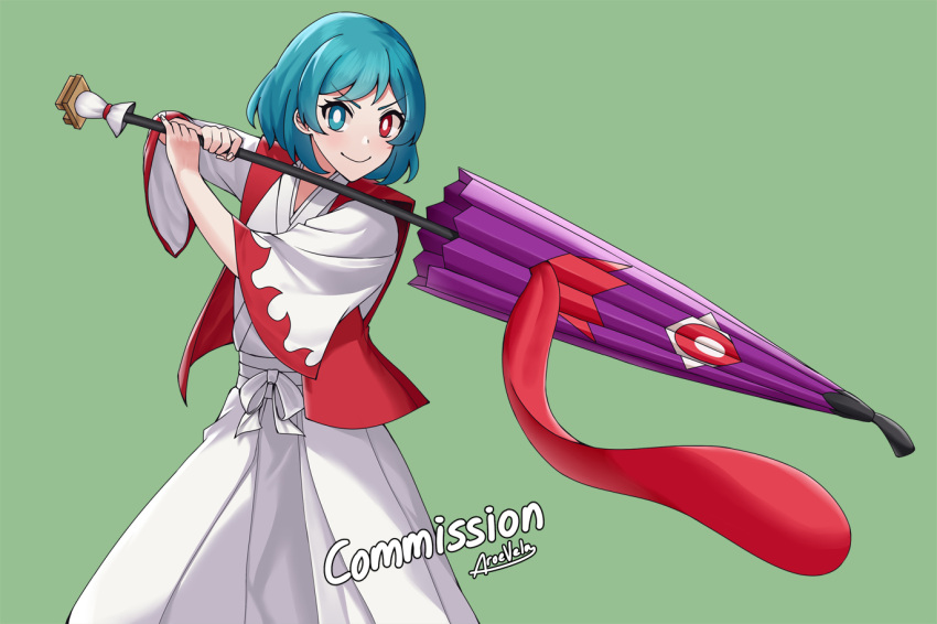 1girl aroevela blue_eyes bright_pupils closed_mouth commission cosplay english_commentary fighting_stance green_background heterochromia holding holding_umbrella japanese_clothes karakasa_obake kimono looking_at_viewer meira_(touhou) meira_(touhou)_(cosplay) purple_umbrella red_eyes red_vest short_hair signature simple_background smile solo tatara_kogasa tongue touhou touhou_(pc-98) umbrella v-shaped_eyebrows vest white_kimono white_pupils wide_sleeves