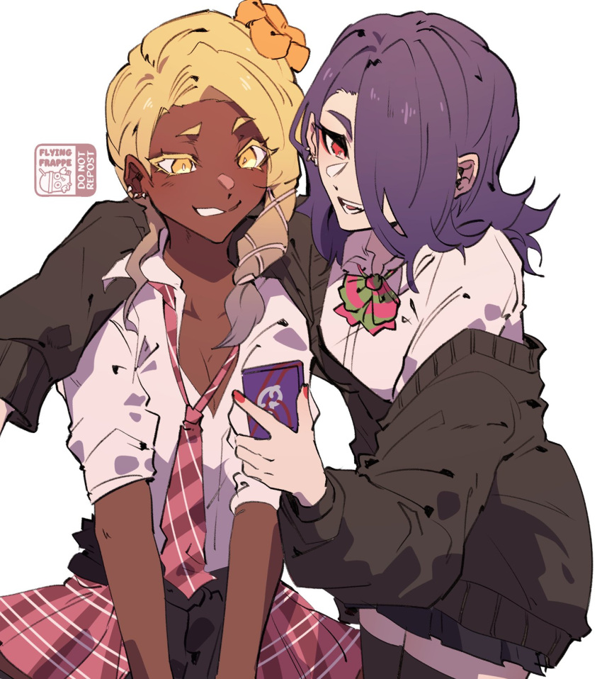 2girls blonde_hair blue_hair bow cardigan colored_eyelashes dark-skinned_female dark_skin earrings flying-frappuccino frye_(splatoon) hair_over_one_eye highres holding holding_phone humanization jewelry long_hair looking_at_phone multiple_earrings multiple_girls open_mouth phone plaid plaid_skirt plaid_tie pleated_skirt red_eyes red_nails shiver_(splatoon) skirt splatoon_(series) splatoon_3 striped striped_bow tentacle_hair yellow_eyes