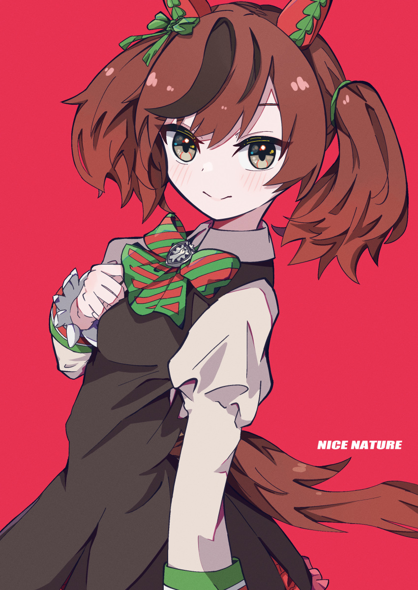 1girl absurdres animal_ears aramedraw bangs bow bowtie brown_hair character_name collared_shirt diagonal-striped_bowtie dress english_text frilled_sleeves frills green_bow green_bowtie grey_eyes grey_skirt highres horse_ears horse_girl horse_tail light_blush long_sleeves looking_at_viewer nice_nature_(umamusume) pinafore_dress red_background red_bow red_bowtie shirt simple_background skirt sleeve_cuffs smile solo tail twintails umamusume white_shirt