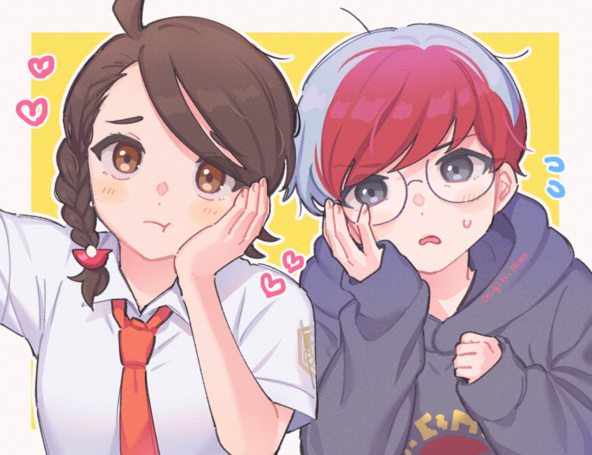 2girls :t ahoge bangs blush braid brown_hair closed_mouth commentary_request flying_sweatdrops glasses grey_eyes grey_hair hand_up head_rest heart highres hood hoodie juliana_(pokemon) long_sleeves meshi_(onigiri_pkmn) multicolored_hair multiple_girls necktie orange_necktie outline penny_(pokemon) pokemon pokemon_(game) pokemon_sv redhead round_eyewear shirt sleeves_past_wrists sweatdrop two-tone_hair white_shirt