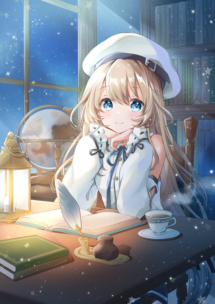 1girl absurdres bangs bare_shoulders beret blue_eyes blue_ribbon blue_skirt blue_sky blush book bookshelf closed_mouth commission cup detached_sleeves hands_on_own_chin hat highres hoshiibara_mato indoors lantern light light_brown_hair light_particles long_hair long_sleeves looking_at_viewer mug neck_ribbon night open_book original plate quill ribbon shiny shiny_hair shirt sidelocks sitting skeb_commission skirt sky smile snowing solo table white_headwear white_shirt