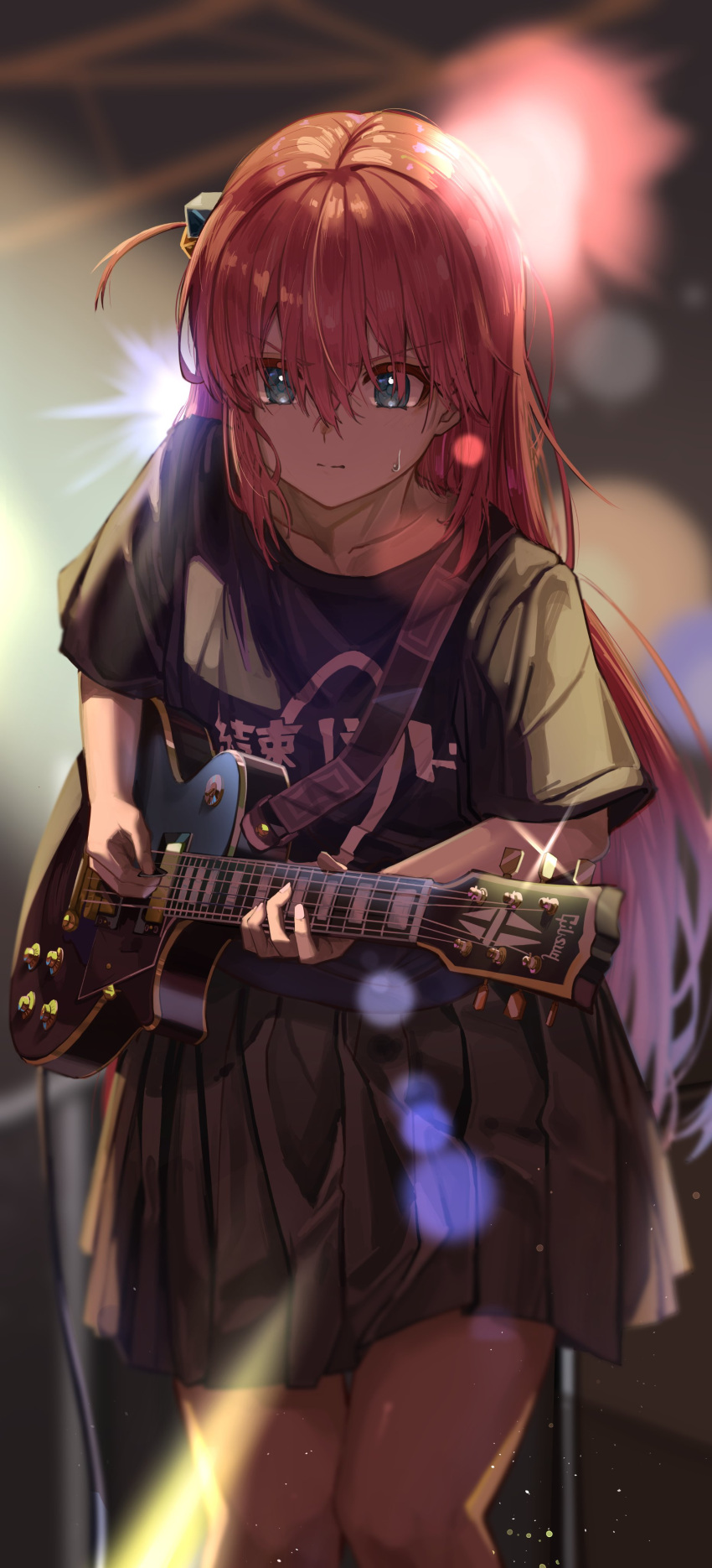 1girl absurdres black_shirt black_skirt blue_eyes bocchi_the_rock! closed_mouth collarbone cube_hair_ornament electric_guitar gotou_hitori guitar hair_between_eyes hair_ornament highres holding holding_instrument instrument long_hair nappi0110 shirt short_sleeves skirt solo standing sweatdrop