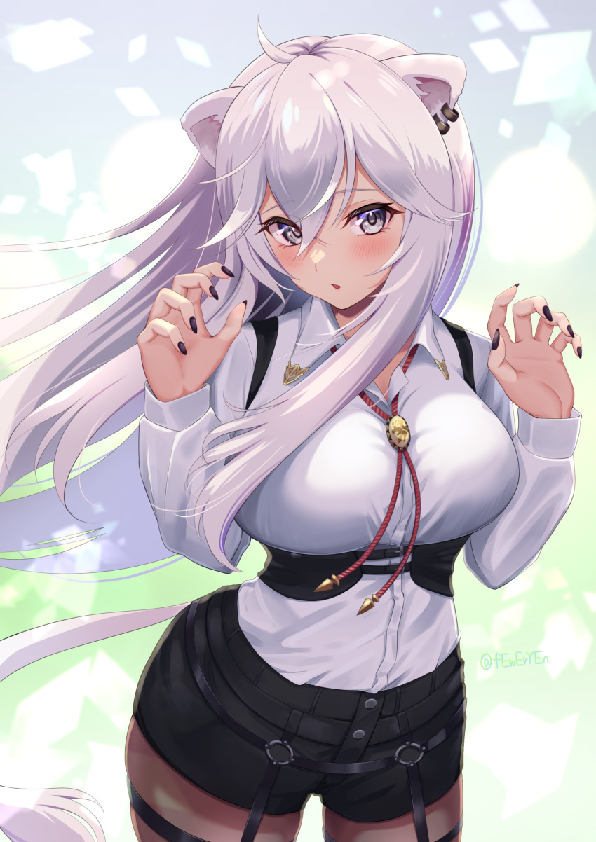 1girl absurdres ahoge animal_ears black_nails black_shorts blush bolo_tie breasts brown_pantyhose claw_pose collared_shirt commentary corset cowboy_shot dress_shirt ear_piercing feweryen floating_hair grey_eyes grey_hair hair_between_eyes highres hololive large_breasts lion_ears lion_girl lion_tail long_hair long_sleeves looking_at_viewer nail_polish official_alternate_costume pantyhose pantyhose_under_shorts parted_lips piercing shirt shirt_tucked_in shishiro_botan short_shorts shorts sidelocks solo standing tail thigh_strap twitter_username underbust virtual_youtuber white_shirt wing_collar