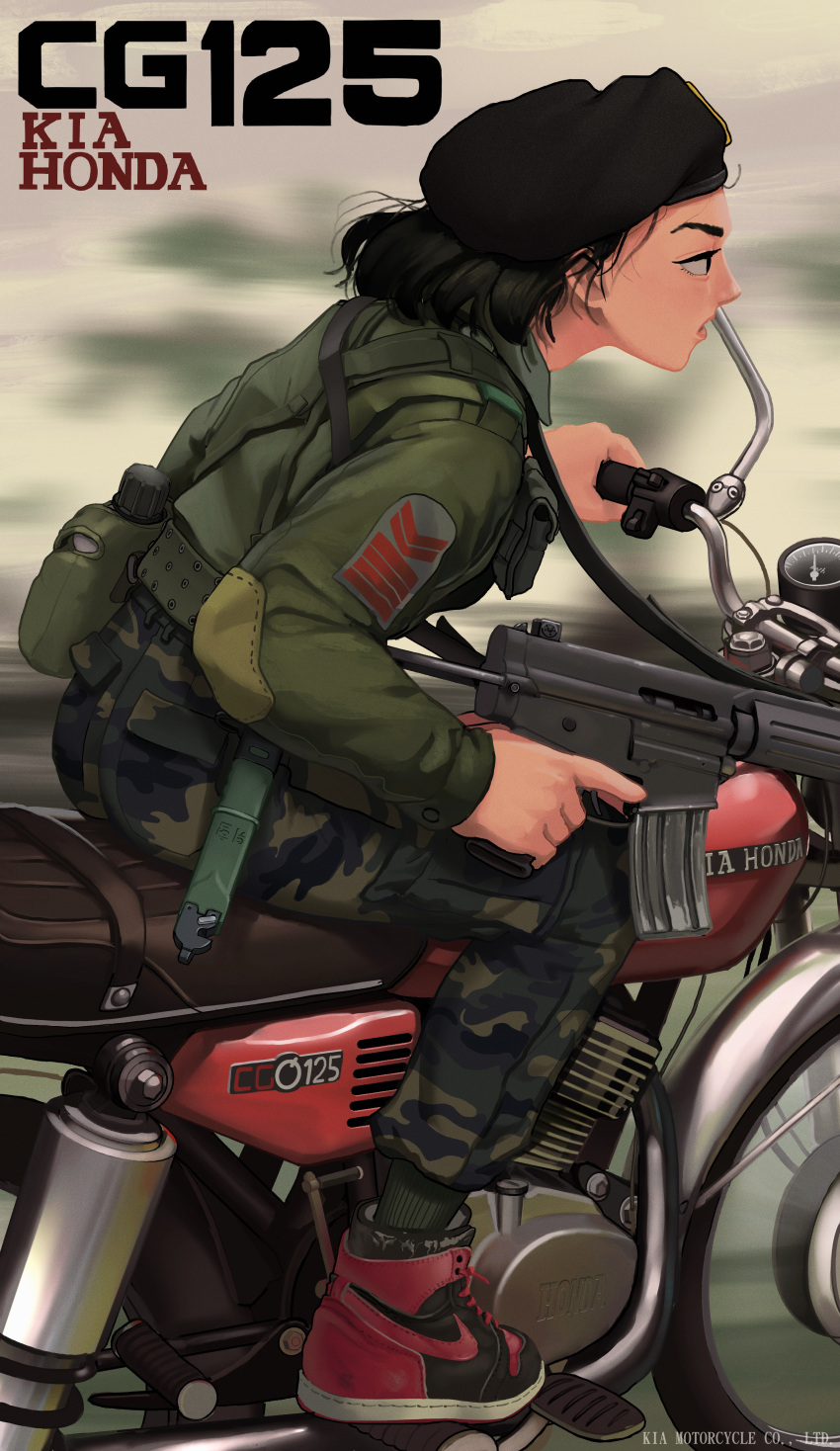 1girl absurdres assault_rifle black_hair camouflage flask ground_vehicle gun hat highres holding holding_gun holding_weapon honda honda_cg125 jacket military military_hat military_jacket military_uniform motor_vehicle motorcycle nike on_motorcycle original product_placement riding rifle rifleman1130 sheath short_hair solo uniform weapon woodland_camouflage