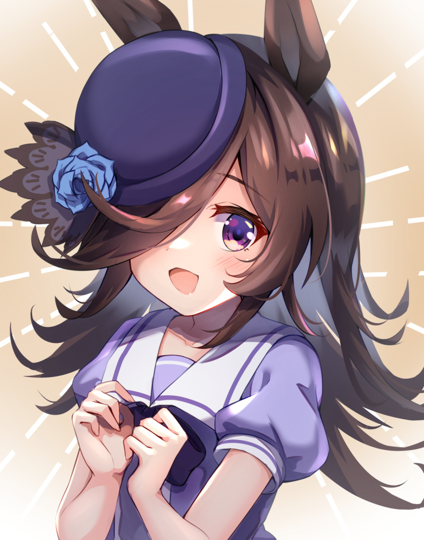 1girl :d animal_ears bangs blue_flower blue_headwear blue_rose bow brown_background brown_hair commentary_request flower hair_over_one_eye hands_up hat hat_flower highres horse_ears long_hair looking_at_viewer meyamu puffy_short_sleeves puffy_sleeves purple_bow purple_shirt rice_shower_(umamusume) rose school_uniform shirt short_sleeves smile solo tilted_headwear tracen_school_uniform umamusume upper_body