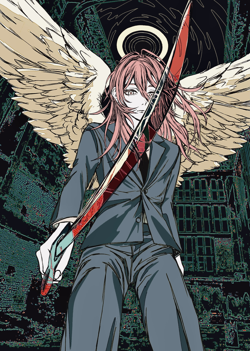 1boy absurdres angel_devil_(chainsaw_man) angel_wings blade chainsaw_man formal green_background halo highres limited_palette long_hair solo suit sword tnkillust transparent weapon weapon_request wings
