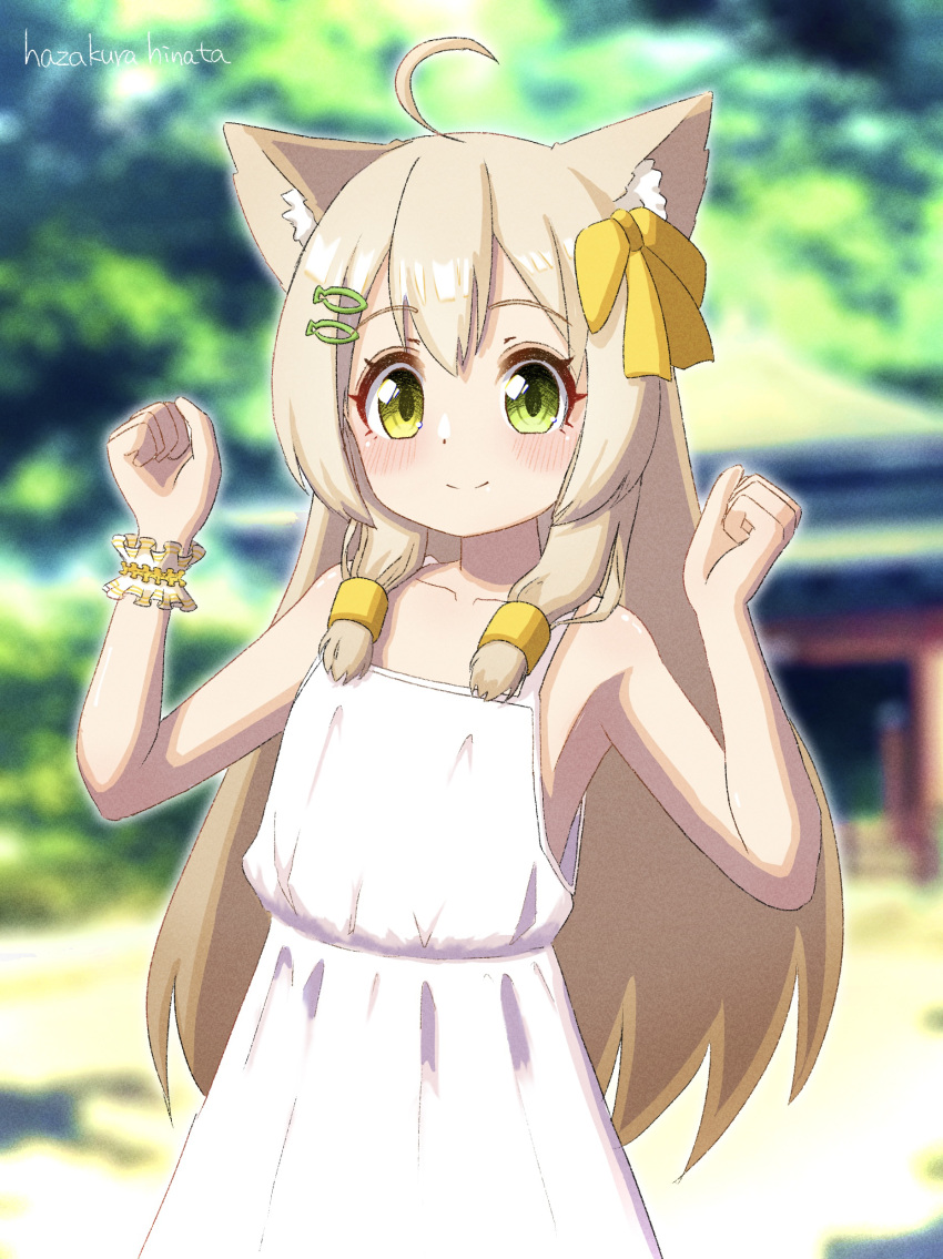 1girl absurdres ahoge animal_ear_fluff animal_ears artist_name bangs bare_shoulders blurry blurry_background blush bow brown_hair cat_ears cat_girl clenched_hands closed_mouth collarbone commentary_request day dress fish_hair_ornament flat_chest green_background green_eyes hair_bow hair_ornament hairclip hands_up happy hazakura_hinata heterochromia highres long_hair looking_at_viewer original outdoors shiny shiny_hair sidelocks signature sleeveless sleeveless_dress smile solo spaghetti_strap split_mouth standing upper_body white_dress yellow_bow yellow_eyes