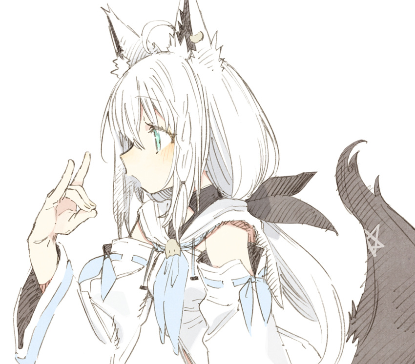1girl abara_heiki ahoge animal_ear_fluff animal_ears bangs blue_eyes blush detached_sleeves fox_ears fox_shadow_puppet fox_tail from_side hololive long_hair long_sleeves looking_away open_mouth profile ribbon-trimmed_sleeves ribbon_trim shirakami_fubuki simple_background solo tail virtual_youtuber white_background white_hair