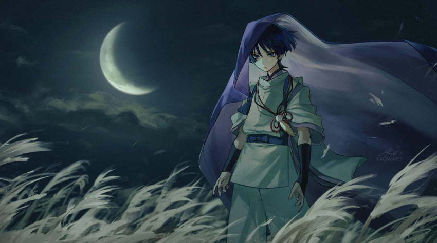 1boy armor arms_at_sides artist_name bangs black_ribbon blue_bow blue_hair blunt_ends bow closed_mouth clouds commentary crescent_moon dark_blue_hair eyeshadow field genshin_impact highres japanese_armor japanese_clothes kote kurokote looking_at_viewer makeup male_focus moon night night_sky outdoors pants parted_bangs pom_pom_(clothes) purple_shirt red_eyeshadow red_ribbon ribbon scaramouche_(genshin_impact) scaramouche_(kabukimono)_(genshin_impact) serious shirt short_hair short_sleeves sidelocks signature sky solo standing tassel uglykao veil vest violet_eyes white_pants white_vest wide_sleeves