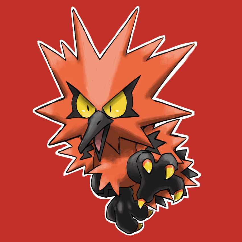 animal_focus bird black_eyes blacknirrow chibi claws colored_sclera commentary constricted_pupils english_commentary full_body galarian_zapdos highres leg_up no_humans open_mouth outline pokemon pokemon_(creature) red_background solo tongue white_outline yellow_sclera