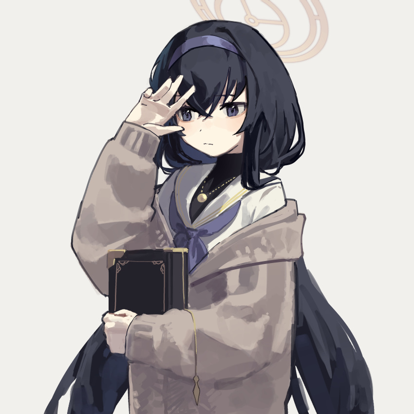 1girl absurdres bangs black_eyes black_hair blue_archive blue_neckerchief book card closed_mouth grey_background hairband halo hand_up highres holding holding_book jewelry long_hair long_sleeves low_twintails neckerchief pendant sailor_collar simple_background solo turtleneck twintails ui_(blue_archive) upper_body very_long_hair yoon_cook