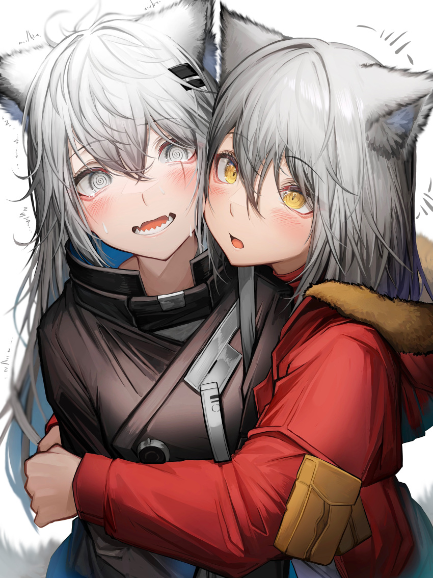 2girls @_@ absurdres animal_ear_fluff animal_ears arknights black_jacket blush hair_between_eyes hair_ornament hairclip highres hood hooded_jacket hug jacket lappland_(arknights) long_hair long_sleeves looking_at_viewer multiple_girls open_mouth projekt_red_(arknights) red_jacket scar scar_across_eye sharp_teeth tab_head teeth white_eyes white_hair wolf_ears wolf_girl yellow_eyes