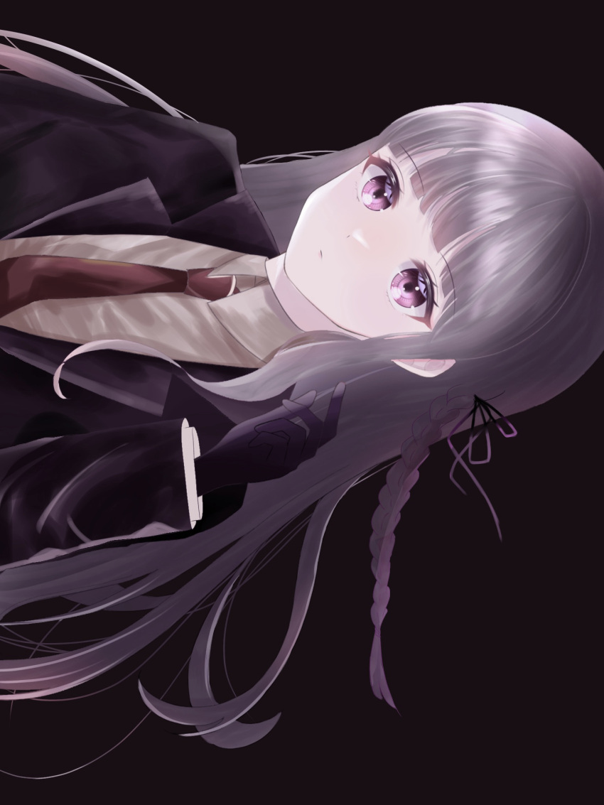 1girl bangs black_gloves black_jacket black_ribbon braid closed_mouth collared_shirt danganronpa:_trigger_happy_havoc danganronpa_(series) gloves grey_shirt hair_ribbon hand_up highres jacket kirigiri_kyouko long_hair looking_at_viewer necktie o_soba_(soba3ly) open_clothes open_jacket pink_eyes red_necktie ribbon shiny shiny_hair shirt side_braid sideways solo upper_body